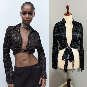 Zara Women Black Polka Satin Effect Long Sleeves Bohemian V-Neck Tied Top Sz M